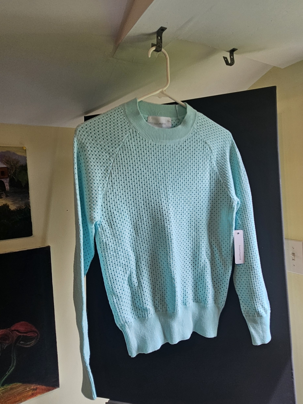 Classic Crewneck Open-Knit Sweater in Aqua Teal